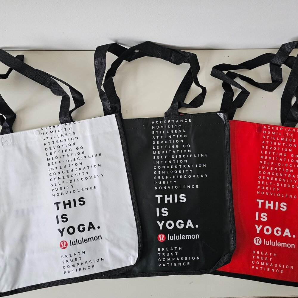 3 x New LULULEMON 1 Black, 1 Red, 1 White THIS IS YOGA Reusable Bags Large